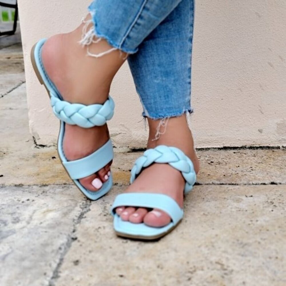 Women’s Blue Two Band Braided Slides Slip On Super Comfortable Flat Sandals - Picture 4 of 5
